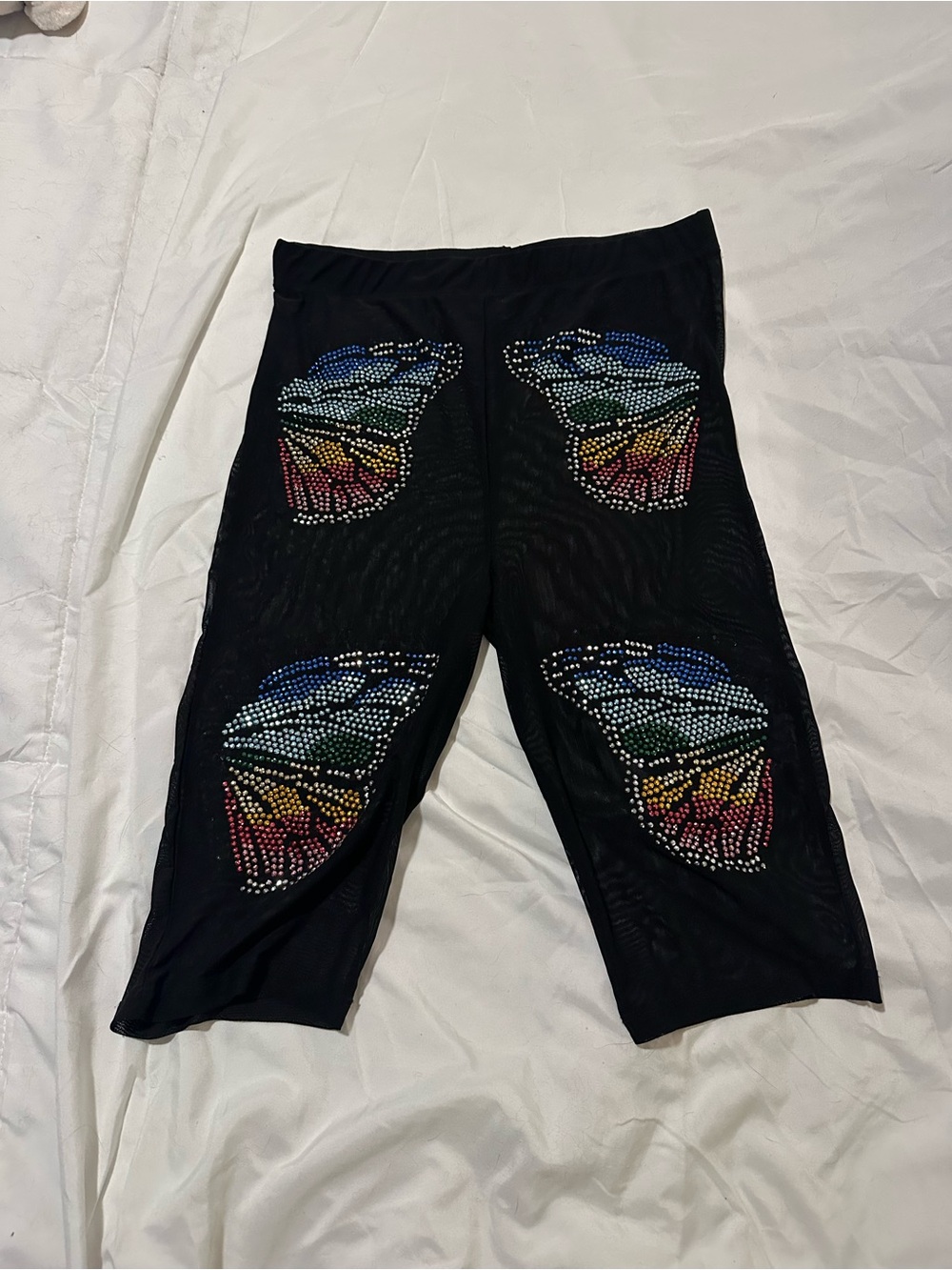 Black Rave Bike Shorts with Rainbow Butterfly Rhinestones